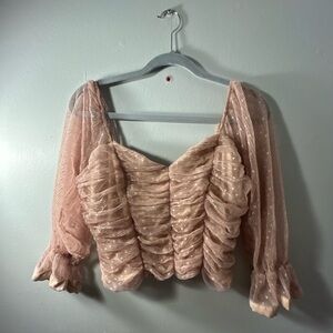 Haute Monde Blush Ruched Blouse with Sheer Sleeves